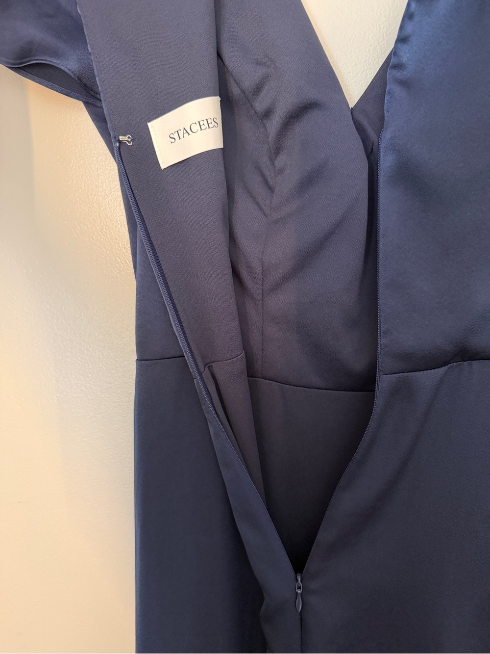 Stacees Dark Navy V-Neck Satin Bridesmaid Dress - Picture 8 of 8